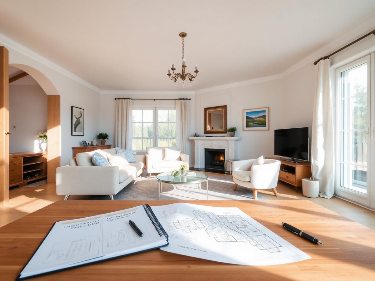 Salon lumineux d'une villa suisse avec plans et dossier de vente sur la table