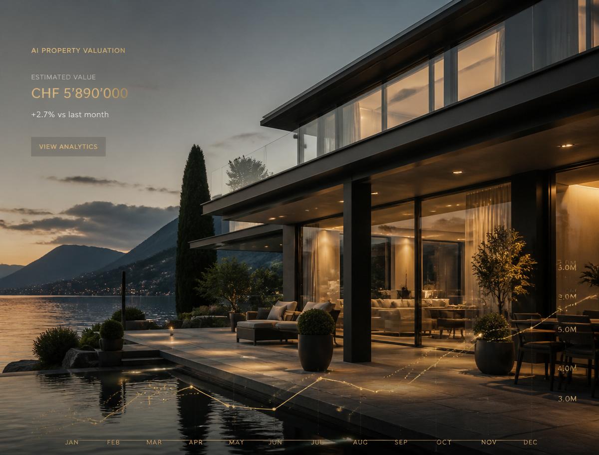 Villa au bord du lac avec analyse de valeur immobilière générée par IA